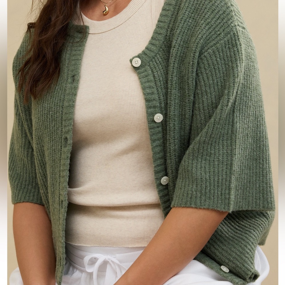 NWT American Eagle Aerie UnReal Short Sleeve Cardigan Sweater L Large Sold Out - Picture 2 of 6